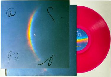 Coldplay Autographed 2024 Moon Music 11.75x11.75 Art Card/Album/LP/Pink Vinyl Record 4 sigs- COA- Chris Martin/Jonny Buckland-Powers Sports Memorabilia