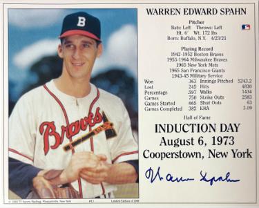 Warren Spahn Autographed Boston Braves MLB Licensed Hall of Fame Induction Day 8x10 Photo/Card- COA-Powers Sports Memorabilia