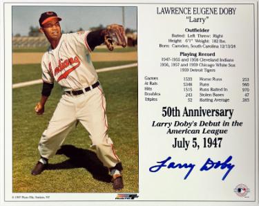 Larry Doby Autographed Cleveland MLB Licensed 50th Anniversary Debut in the American League July 5, 1947 8x10 Photo/Card- COA-Powers Sports Memorabilia