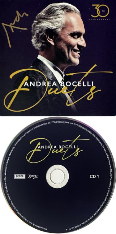 Andrea Bocelli Autographed 2024 Duets- 30th Anniversary Art Insert, 2CD- Imperfect COA-Powers Sports Memorabilia