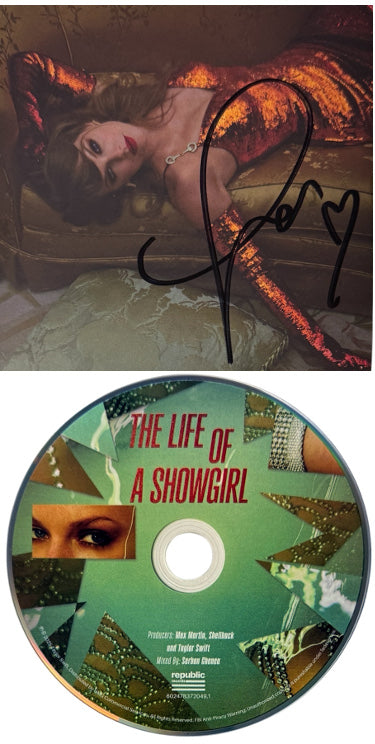 Taylor Swift 2025 The Life of a Showgirl CD Autographed 4.75 Inch X 4.75 Inch Photo Art Card #2 w/ Heart- Beckett Review-Powers Sports Memorabilia