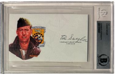 Lt Colonel Ed Saylor Autographed 3?ǥx 5?ǥ cut signature w/ Image?Çô BAS/Beckett Encapsulated (WWII Doolittle Raiders / B-25B Mitchell) - CTBL_044259-Powers Sports Memorabilia