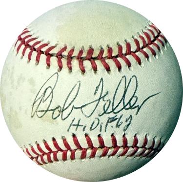Bob Feller Autographed Official Rawlings American League Baseball HOF 62 toned- COA (Cleveland)-Powers Sports Memorabilia