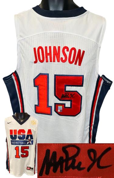 Magic Johnson Autographed Team USA Nike White Jersey (Size L)- Super Star Greetings Hologram (Lakers/HOF)-Powers Sports Memorabilia