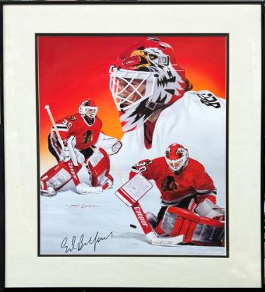 Ed Belfour Autographed Chicago Blackhawks The Eagle 16 x 20 Photograph/Lithograph Custom Framing- COA (Frank Crymble, Artist)-Powers Sports Memorabilia