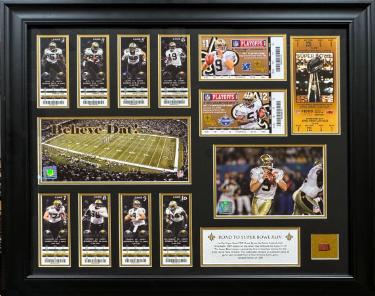 New Orleans Saints Super Bowl XLIV Champs Season 27x23 Framed with Tickets/Game Used Ball imperfect- LTD /115-Powers Sports Memorabilia