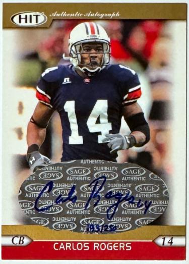 Carlos Rogers Autographed 2005 SAGE Hit Gold Rookie Auto Card 193/250 (Auburn Tigers)-Powers Sports Memorabilia