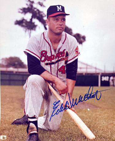 Eddie/Ed Mathews Autographed Milwaukee Braves MLB 8x10 Photo minor dings- COA (HOF)-Powers Sports Memorabilia