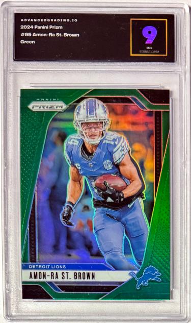 Amon-Ra St. Brown 2024 Panini Prizm Green Prizm Card #95- Advanced Grading 9 Mint (Detroit Lions)-Powers Sports Memorabilia