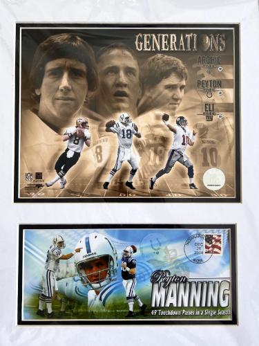 Peyton/Archie/Eli Manning Generations NFL 12x16 Photograph Matted/First Day of Issue Stamp Cache Dec. 26, 2004/Manning 49 Touchdowns-Powers Sports Memorabilia