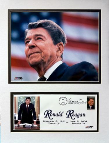 President Ronald Reagan 8 x 10 Photograph Custom Matted to 12x16 with First Day Of Issue Stamp Cache/Envelope (2/9/2005)- NEW - Collectible-Powers Sports Memorabilia