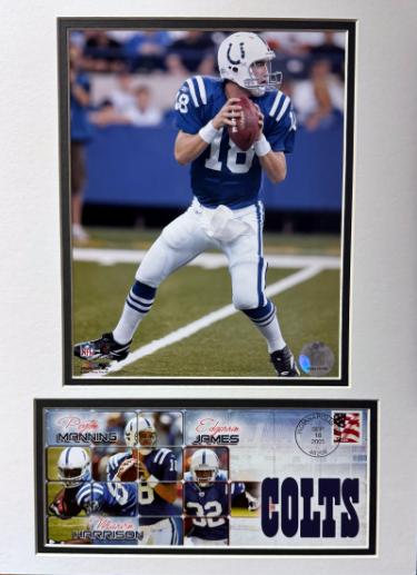 Peyton Manning Indianapolis Colts NFL Licensed 8 x 10 Photograph with First Day Issue Stamp Cache/Envelope (9/18/05) with James/Harrison-Powers Sports Memorabilia