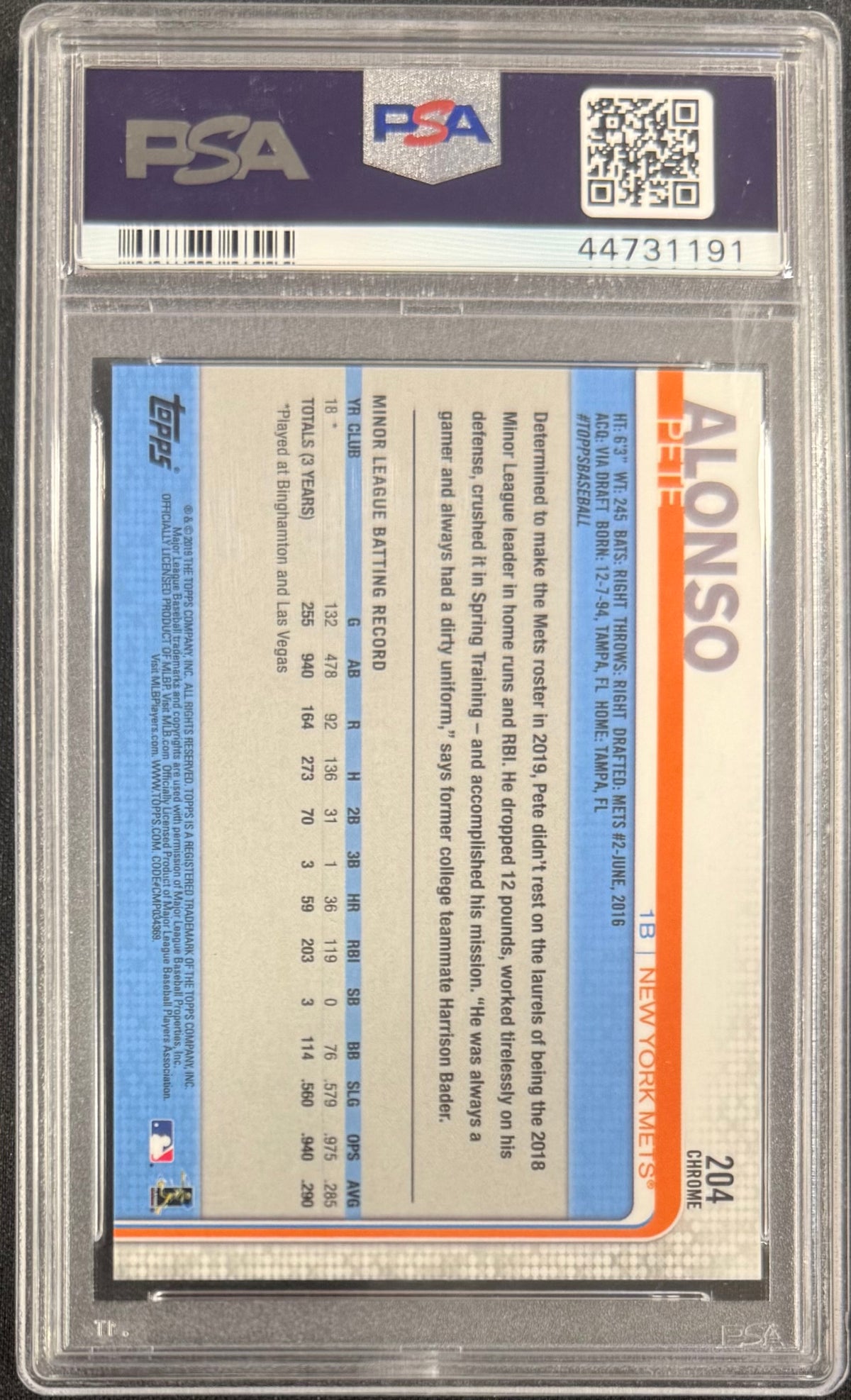 Pete Alonso 2019 Topps Chrome Mets Rookie Card #204 PSA 10