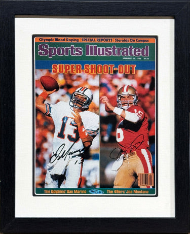Dan Marino & Joe Montana dual Autographed 1985 Sports Illustrated Cover "Super Shoot-Out" Custom Framing- Upper Deck Hologram-Powers Sports Memorabilia