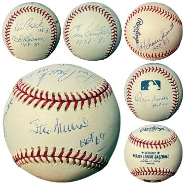 Cardinals HOF Legends Autographed Ofc OML Baseball 6-Sig- Beckett Review-Stan Musial/Bob Gibson/Lou Brock/Ozzie Smith/Enos Slaughter/-Powers Sports Memorabilia