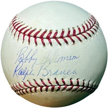 Ralph Branca/Bobby Thomson dual Autographed RONL Rawlings Official National League Baseball imperfect- MLB/Steiner Holograms-Powers Sports Memorabilia