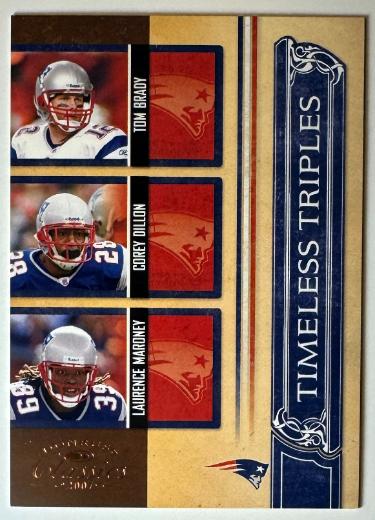 Tom Brady 2007 Donruss Classics Timeless Triples Card #TT-9- /1000 w/ Corey Dillon & Laurence Maroney (Patriots/GOAT)-Powers Sports Memorabilia