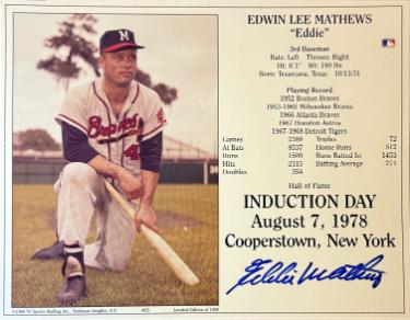 Eddie/Ed Mathews Autographed Milwaukee Braves MLB Licensed Hall of Fame Induction Day 8x10 Photo/Card- COA (HOF) - CTBL_044965-Powers Sports Memorabilia