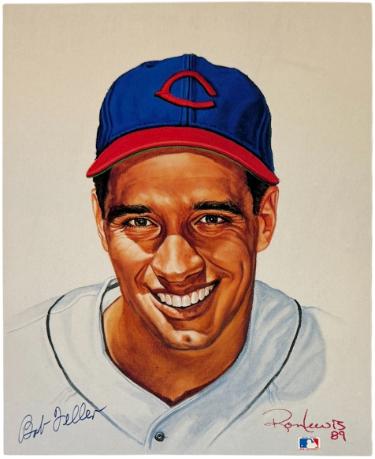 Bob Feller Autographed Cincinnati Reds MLB Licensed Ron Lewis 89 8x10 Photo- COA (HOF)-Powers Sports Memorabilia