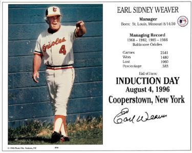 Earl Weaver Autographed Baltimore Orioles Hall of Fame Induction 8x10 Photo/Card- Tuff Stuff COA/Show Ticket-Powers Sports Memorabilia