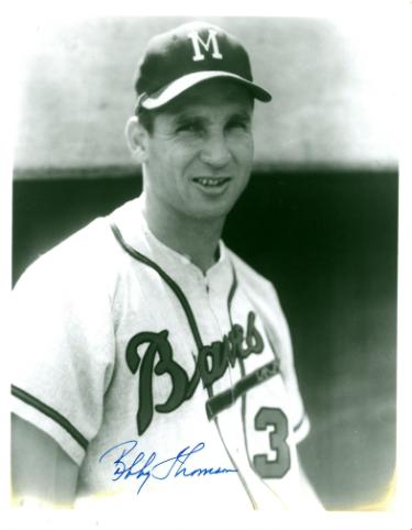 Bobby Thomson Autographed Milwaukee Braves Vintage B&W 8x10 Photo- Stacks of Plaques COA (Staten Island Scot)-Powers Sports Memorabilia