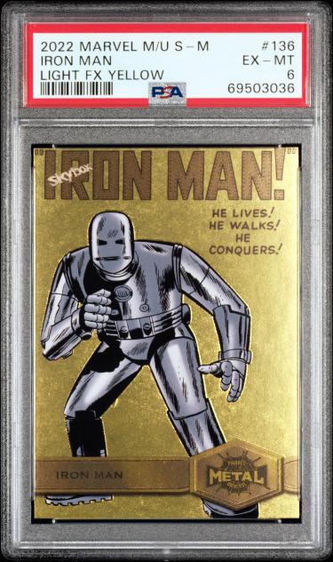 2022 Skybox Marvel Metal Universe Spider-Man Iron Man Light FX Yellow Card #136- PSA Graded 6 EX-MT-Powers Sports Memorabilia