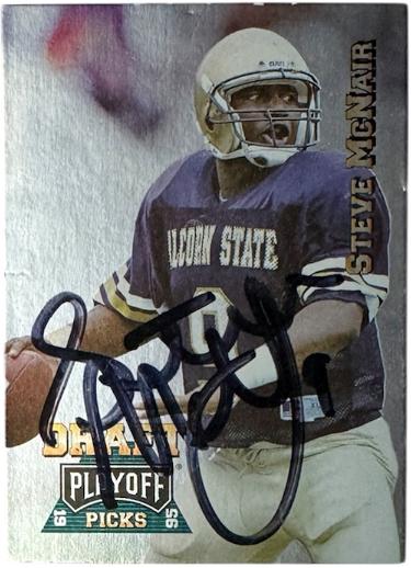 Steve McNair Autographed 1995 Playoff Draft Picks Rookie (RC) On Card Auto #182 ?Çô Beckett (Tennessee Titans/Alcorn St)-Powers Sports Memorabilia