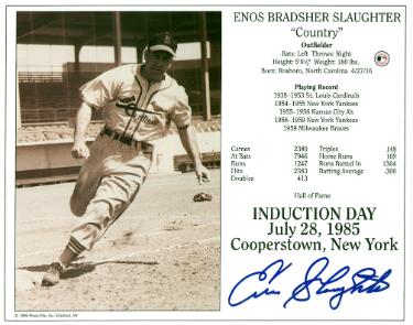 Enos Slaughter Autographed St. Louis Cardinals Hall of Fame Induction 8x10 Photo/Card Ding- COA-Powers Sports Memorabilia