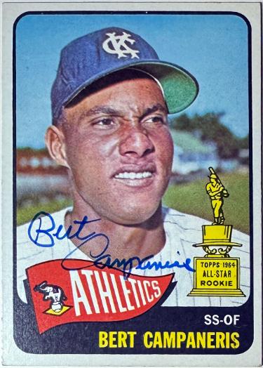 Bert Campaneris Autographed 1965 Topps Rookie Card On Card Auto #266 KC Athletics- COA-Powers Sports Memorabilia