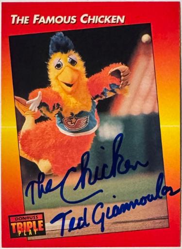 The Famous Chicken Ted Giannoulas Autographed 1991 Donruss Triple Play On Card Auto #138- COA-Powers Sports Memorabilia
