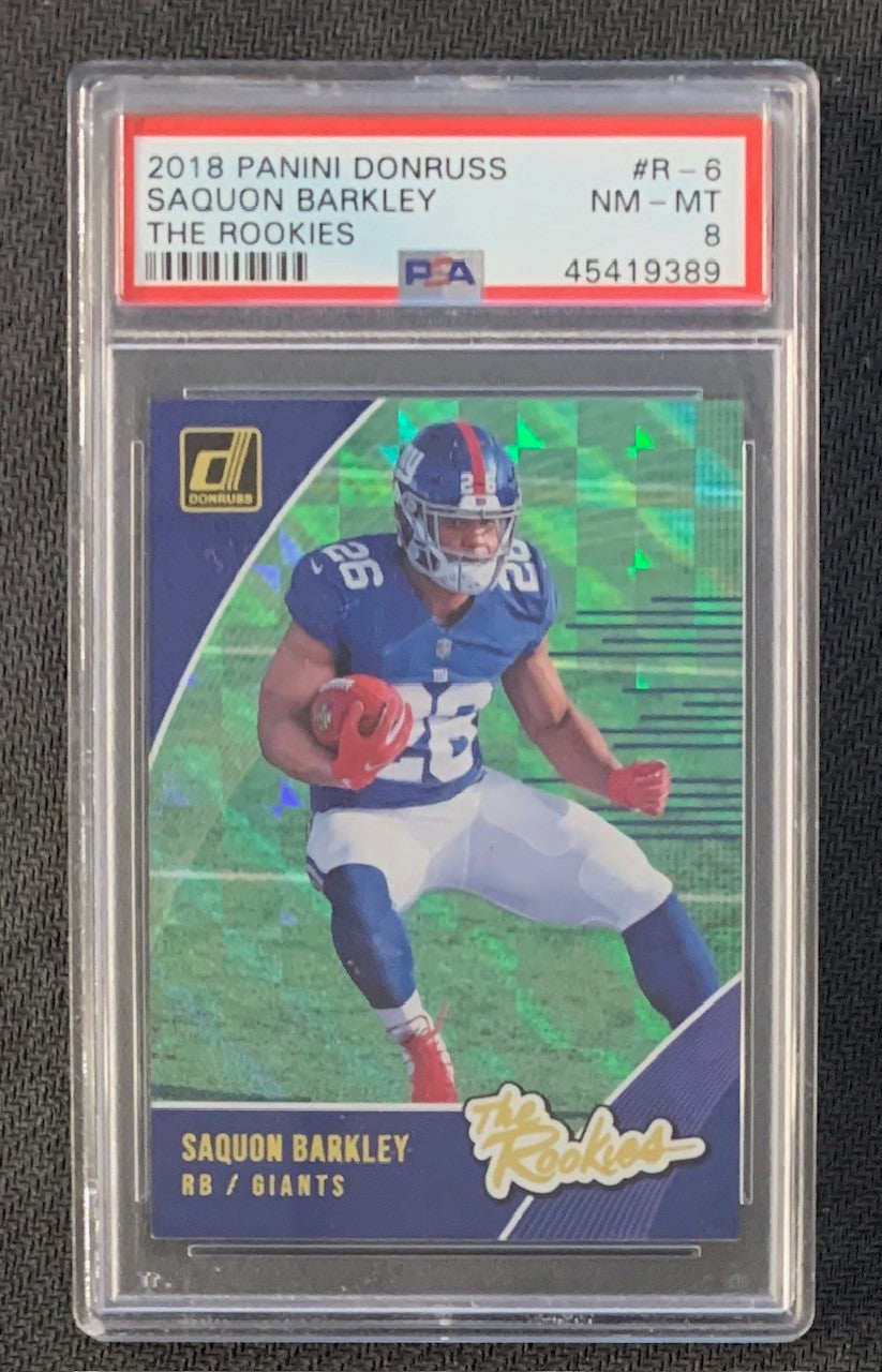 Saquon Barkley 2018 Panini Donruss Football Rookie Card #R-6 Graded PSA 8-Powers Sports Memorabilia