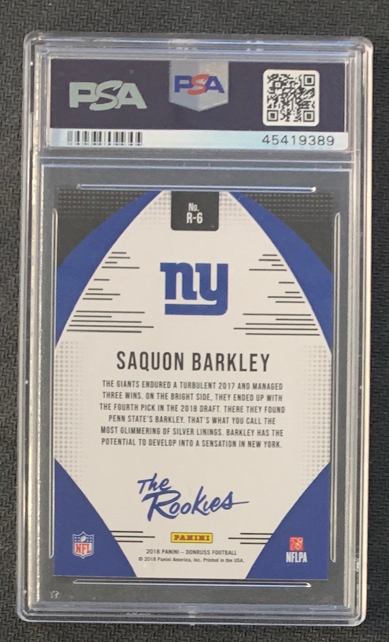 Saquon Barkley 2018 Panini Donruss Football Rookie Card #R-6 Graded PSA 8-Powers Sports Memorabilia