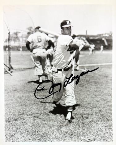 Johnny Logan Autographed Milwaukee Braves 8x10 Photo imperfect- Stacks of Plaques COA (Milwaukee Braves/4X All Star/1957 WS Champ)-Powers Sports Memorabilia