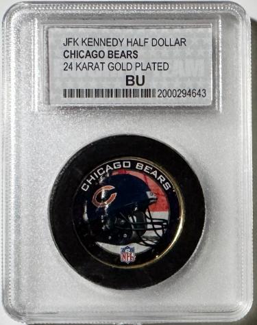 Chicago Bears NFL 24 Karat Gold Plated Kennedy Half Dollar, #1 FAN BU-Powers Sports Memorabilia