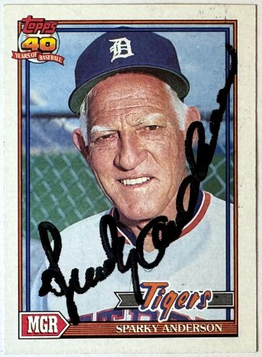 Sparky Anderson Autographed 1991 Topps On Card Auto #519 imperfect- COA (Detroit Tigers)-Powers Sports Memorabilia