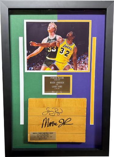 Magic Johnson/Larry Bird dual Autographed Original Forum Court/Floor Piece /10 Custom Framing- Beckett Review-Powers Sports Memorabilia