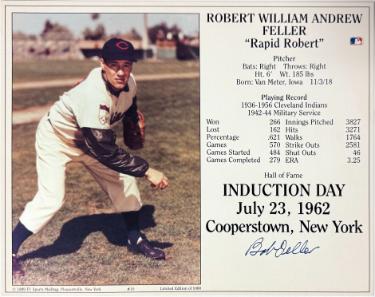 Bob Feller Autographed Cleveland Hall of Fame Induction Day 8x10 Photo/Card bend- COA-Powers Sports Memorabilia