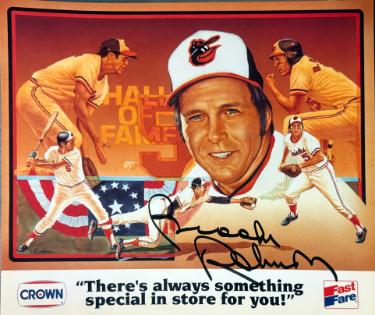 Brooks Robinson Autographed Baltimore Orioles Crown Fast Fare 8x10 Photo imperfect- COA (HOF/16GG)-Powers Sports Memorabilia