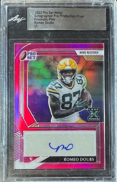 Romeo Doubs Autographed 2022 Pro Set Metal Pre-Production Proof Prismatic Pink Card 1/1- Leaf Encased (Green Bay Packers)-Powers Sports Memorabilia