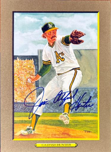 Jim "Catfish" Hunter Autographed Oakland A's Perez Steele Great Moments 5.75x8 Postcard #62- Beckett (HOF)-Powers Sports Memorabilia
