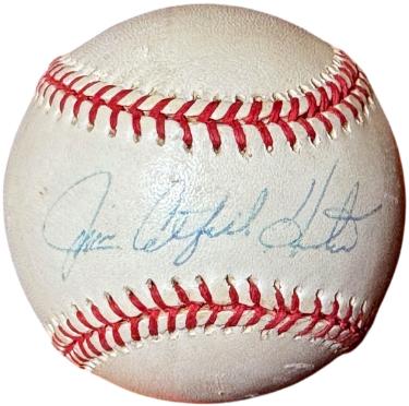 Jim "Catfish" Hunter Autographed Rawlings Official League Baseball imperfect- COA (HOF/Oakland A's)-Powers Sports Memorabilia