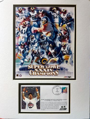 St. Louis Rams SB XXXIV Champs/Kurt Warner 8 x 10 Photograph Matted 12x16/First Day Of Issue USPS Stamp Cache/Envelope (2000)/imperfect-Powers Sports Memorabilia