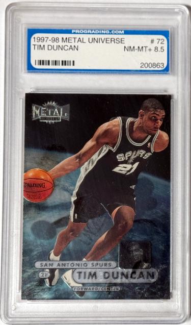 Tim Duncan 1997-98 Metal Universe Rookie Card #72- Pro Grading 8.5 NM-MT+ (San Antonio Spurs/HOF)-Powers Sports Memorabilia