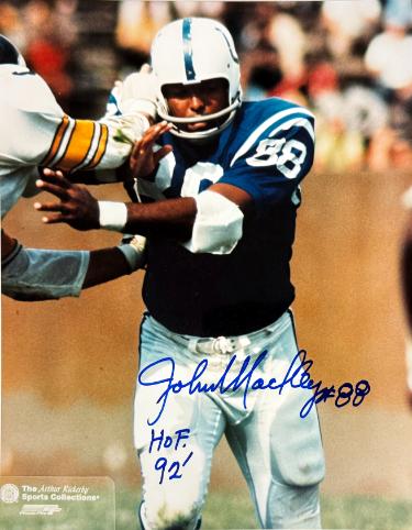 John Mackey Autographed Baltimore Colts NFL 8x10 Photo w/ HOF 92 & #88 imperfect- COA-Powers Sports Memorabilia