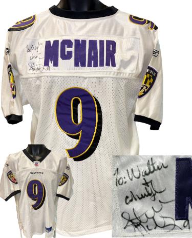 Steve McNair Autographed Baltimore Ravens Reebok NFL Authentic Jersey To Walter/Cheryl #9- Beckett Review (Size 50)-Powers Sports Memorabilia