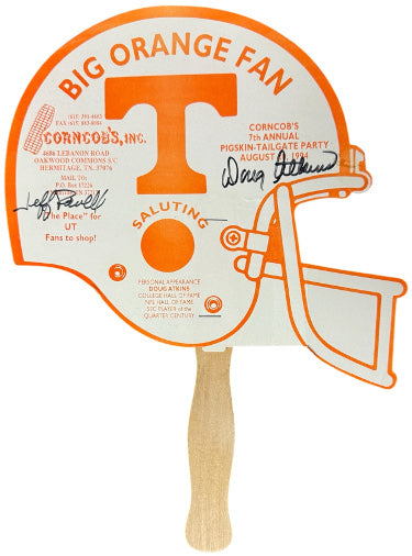 Doug Atkins /Jeff Powell Dual Autographed 1994 Corncob 7th Tailgate Party Tennessee Volunteers/Big Orange Handheld Fan- COA-Powers Sports Memorabilia