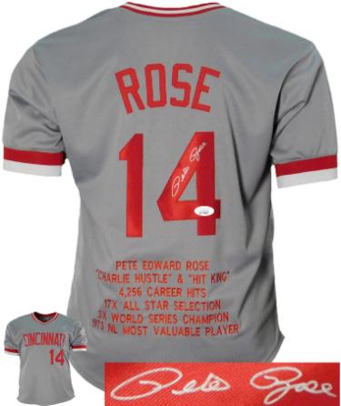 Pete Rose Autographed Cincinnati Custom Stitched Grey TB Embroidered Stat Jersey XL- JSA Witnessed (HIT KING/4256)-Powers Sports Memorabilia