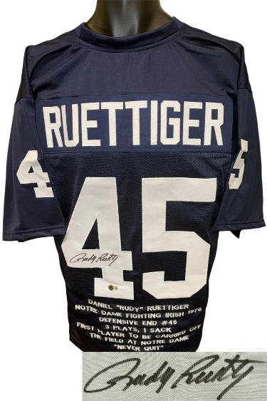 Rudy Ruettiger Autographed Notre Dame Navy Custom Embroidered Stat College Football Jersey XL- Beckett Witnessed-Powers Sports Memorabilia