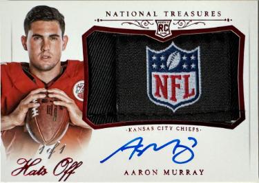 Aaron Murray Autographed 2014 Panini National Treasures On Card Auto Logo Hats Off Player Worn Material RC Card #HO-AM- 1/1 (Chiefs)-Powers Sports Memorabilia