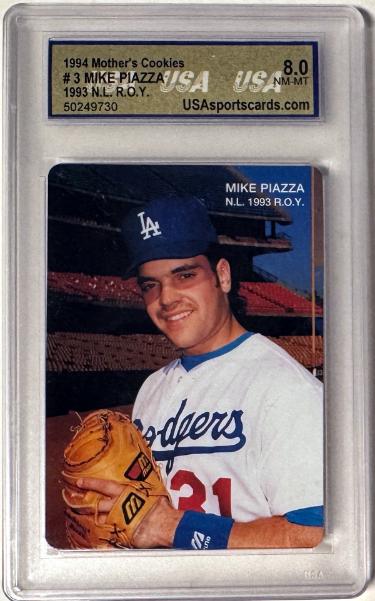 Mike Piazza 1994 Mother's Cookies Card #3- USA Graded 8 NM-MT (93 NL ROY/Los Angeles Dodgers)-Powers Sports Memorabilia